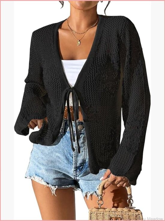 Sweaters - Lightweight Crochet Tie Front Long Sleeve Cardigan Summer Knit Cover Up